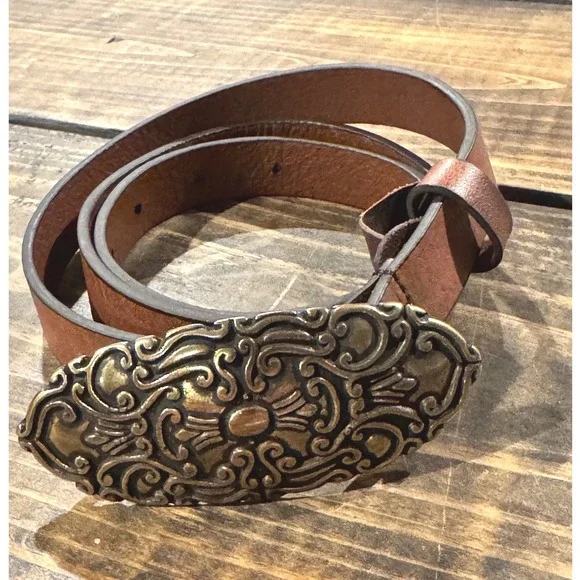 Women's Brown Leather Belt with Ornate Gold-Tone Decorative Buckle - Picture 2 of 12